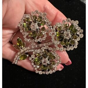 Nolan Miller Glamour Collection Flower Brooch Green & Clear Crystal